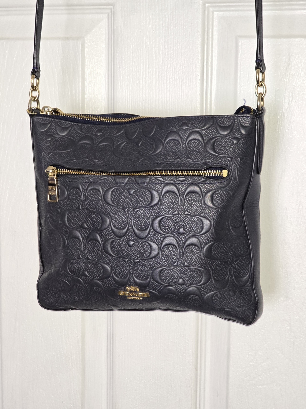 Coach Navy Blue Signature Embossed Leather Crossbody